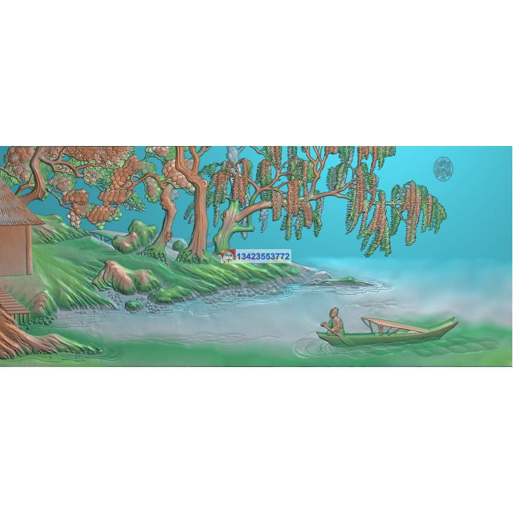 S-036山水浮雕图山水挂屏古建寺庙人物船