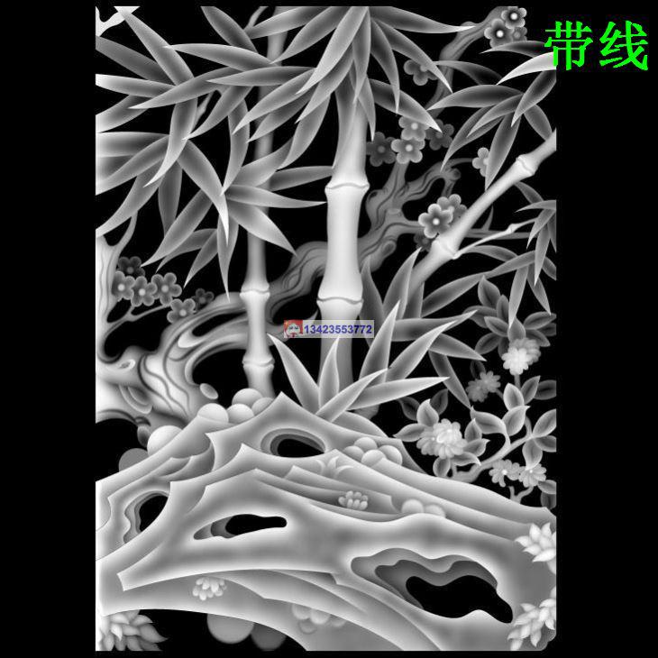 H068精雕图竹子挂屏灰度图竹子