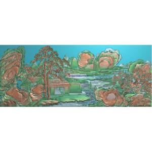 S-021灰度图山水浮雕图山水挂屏古建